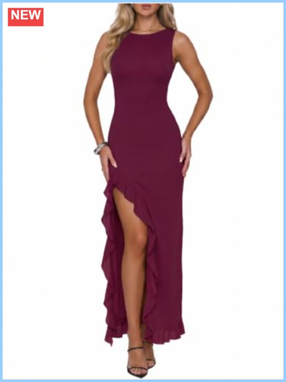 Sexy High Slit Mesh Ruffle Maxi Dress Sleeveless Boat Neck Bodycon